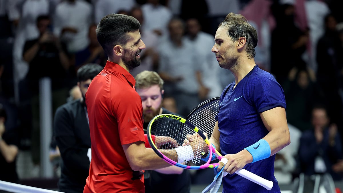 Novak Djokovic and Rafael Nadal shake hands after one last meeting on Saturday.