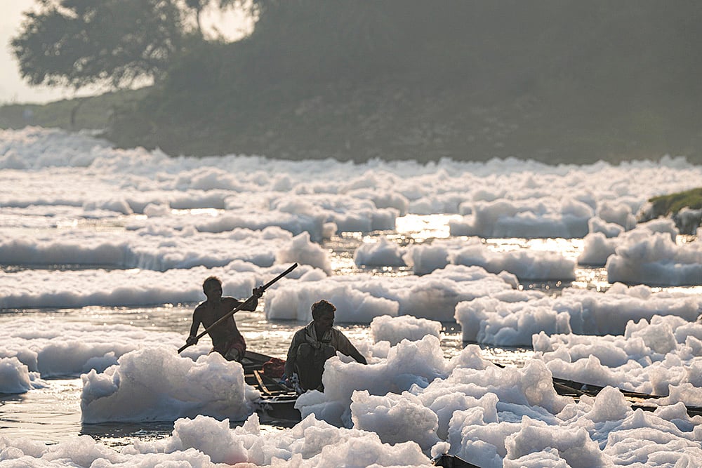 Yamuna river pollution: Toxic foam floats on the surface of the Yamuna river, in New Delhi_2