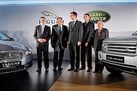 Photo: Getty Images : Foreign Investment: Ratan Tata (second from left) and Ravi Kant, vice-chairman of Tata Motors (right) with the top brass of JLR