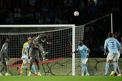 La liga 2024-25: Real Madrid's Antonio Rudiger, centre, heads the ball against Celta