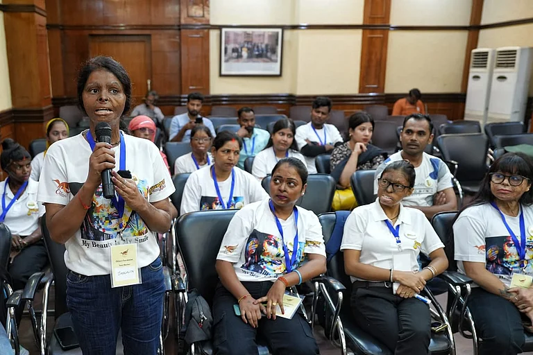 Chhanv Foundation’s press conference on marking a decade of their campaign for acid attack survivors. The organisers highlight that despite various laws and regulations, incidents of acid attack in India continue to grow. There is a need for amplification of voices, better medical aid and government compensation to bring relief to acid attack and burn victims and hope for a better future on October 16,2024. - Suresh K Pandey/Outlook