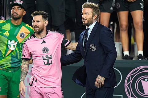 Major League Soccer: Inter Miami forward Lionel Messi, left, stands with co-owner David Beckham