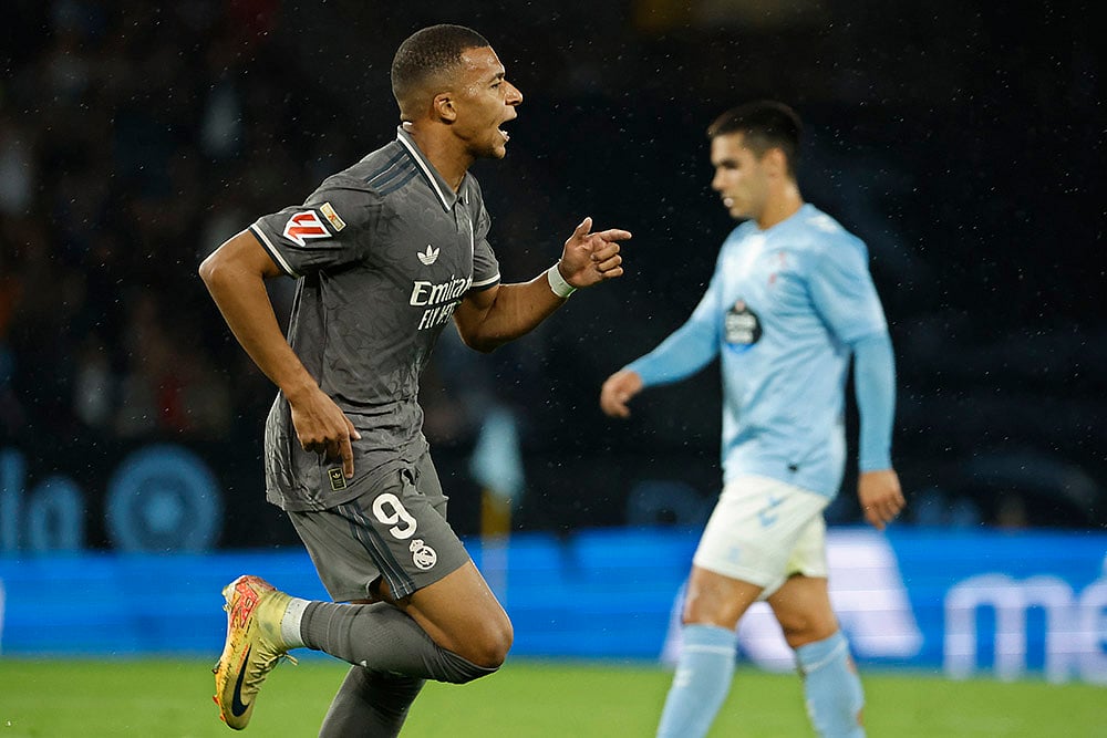 2024-25 Spain Soccer La Liga Celta Vigo vs Real Madrid photo gallery_ Kylian Mbappe celebrates 
