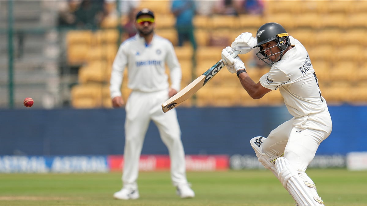 New Zealands Rachin Ravindra plays a shot during day five. AP Photo