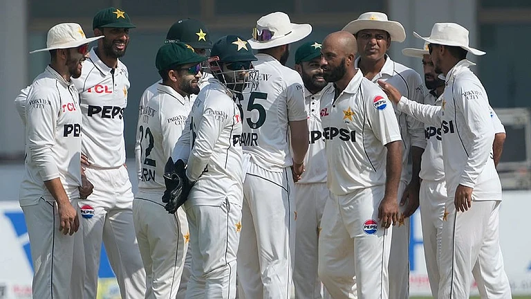 PAK Vs ENG 2nd Test: Pakistan's Sajid Khan celebrates after taking the wicket of England's Brydon Carse - | Photo: AP/K.M. Chaudary