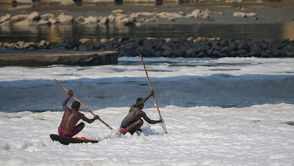 | Photo: PTI/Kamal Kishore : Standalone: Toxic foam in Yamuna river