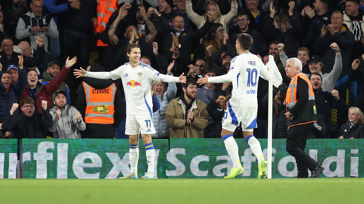 Brenden Aaronson celebrates his early finish for Leeds United on Tuesday. - null