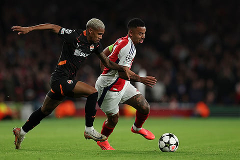 Champions League 2024-25: Arsenal's Gabriel Jesus, right, duels for the ball with Shakhtar's Pedro Henrique 