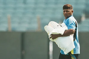| Photo: PTI/Kunal Patil : Sarfaraz Khan.