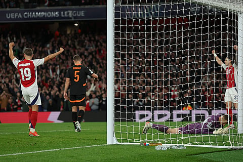 Champions League 2024-25: Shakhtar's goalkeeper Dmytro Riznyk reacts after scores an own goal