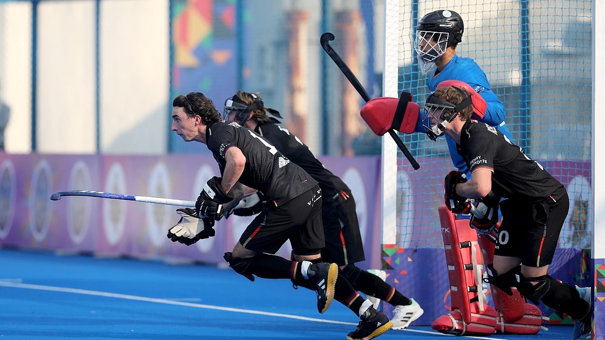 Germany defending a penalty corner during the bilateral hockey series against India at the Major Dhyan Chand National Stadium in New Delhi. - Special Arrangement