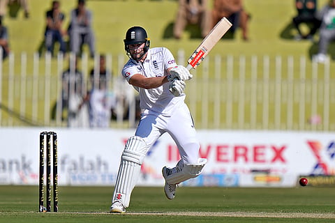 Pakistan vs England 3rd Test: England's Gus Atkinson plays a shot during the day one 