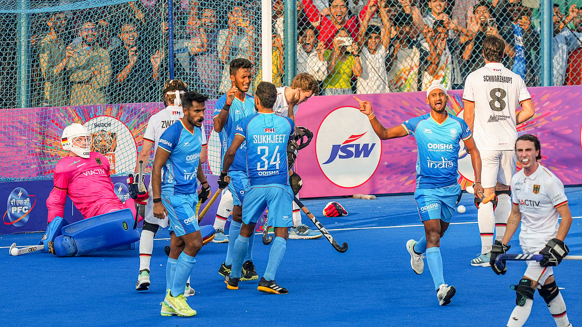 PTI/Kamal Kishore : India and their fans celebrate a goal against Germany during the second hockey Test at the Major Dhyan Chand Stadium on Thursday (October 24, 2024).
