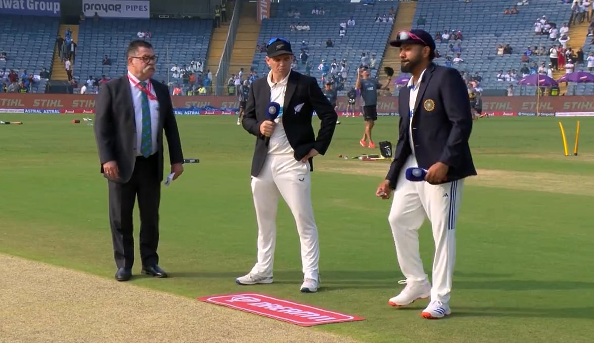 X/BCCI : Captains Rohit Sharma and Tom Latham at the toss for the second India vs New Zealand Test in Pune.
