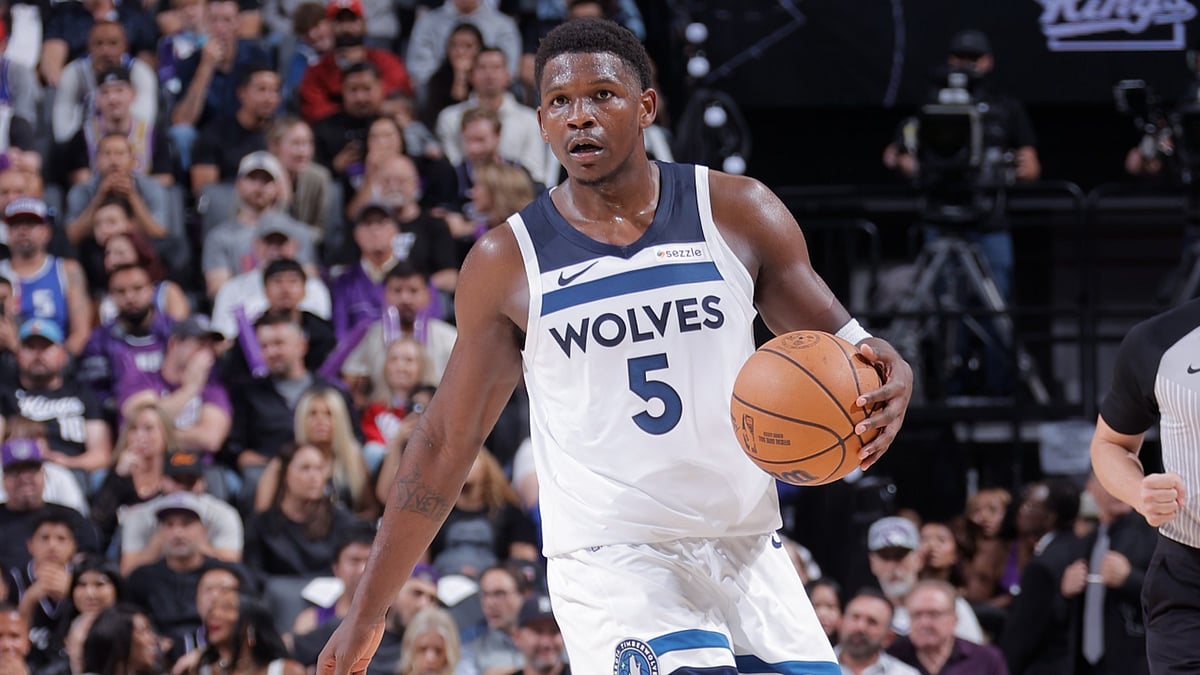 Anthony Edwards #5 of the Minnesota Timberwolves dribbles the ball during the game against the Sacramento Kings on October 24, 2024 at Golden 1 Center in Sacramento, California. - null