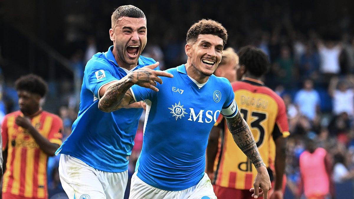 Giovanni Di Lorenzo celebrates after scoring against Lecce.