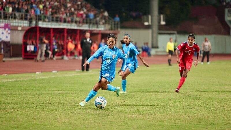Photo: AIFF Media : Action from the SAFF Women's Championship semi-final between India and Nepal in Kathmandu on Sunday (October 27, 2024).