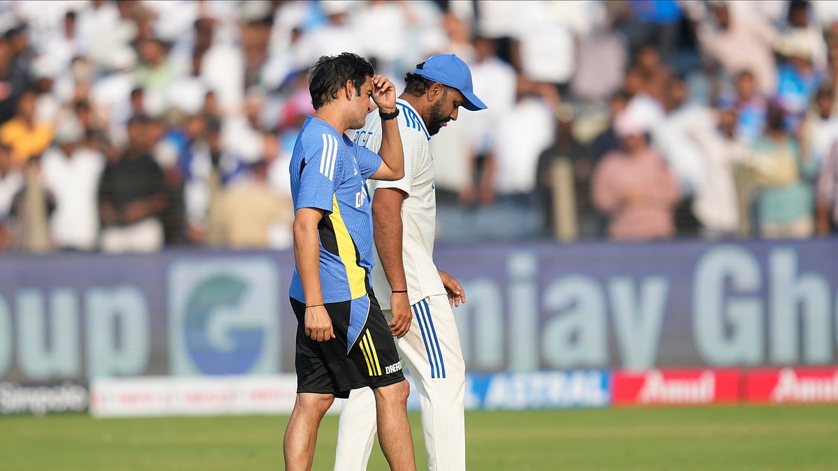 India's head coach Gautam Gambhir, left, and India's captain Rohit Sharma react after their loss against New Zealand on day three of the second cricket test match at the Maharashtra Cricket Association Stadium, in Pune. - AP Photo/Rafiq Maqbool