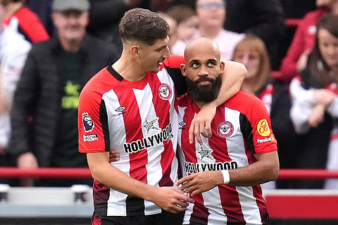 EPL 2024-25: Brentford's Bryan Mbeumo, right, celebrates scoring his side's third goal of the game