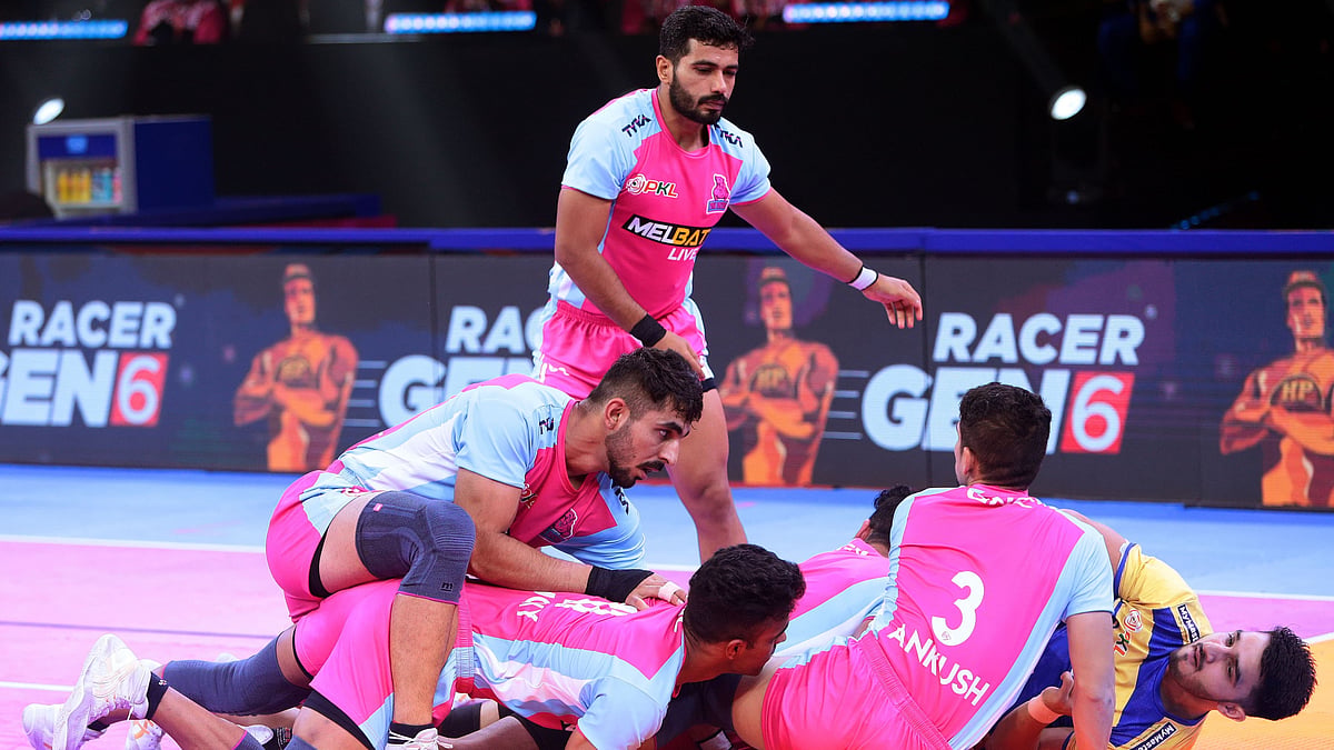 Action from the Pro Kabaddi League season 11 game between Tamil Thalaivas and Jaipur Pink Panthers. - Special Arrangement