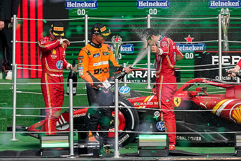 Mexican Grand Prix: First place Ferrari driver Carlos Sainz second place, McLaren driver Lando Norris and third place Ferrari driver Charles Leclerc