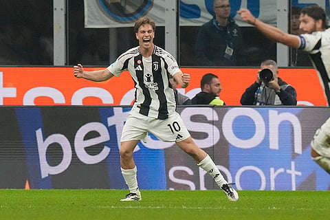 Serie A 2024-25: Juventus' Kenan Yildiz, left, celebrates after scoring his side's fourth goal