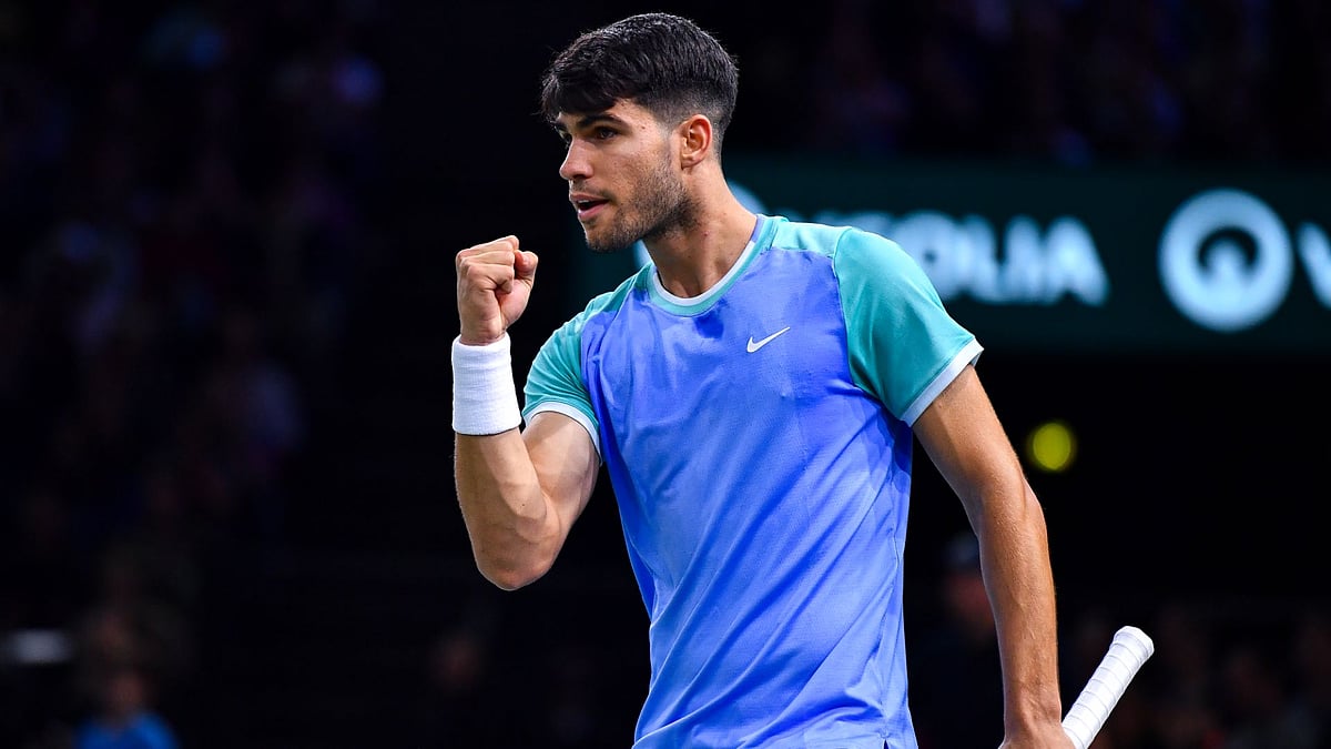 Alcaraz celebrates during his clash with Jarry.