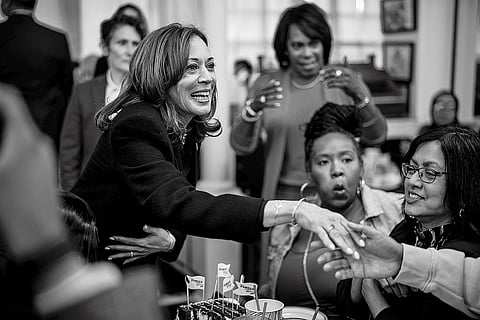Harris greets supporters while visiting the 4th Street Delicatessen in Philadelphia on October 23, 2024