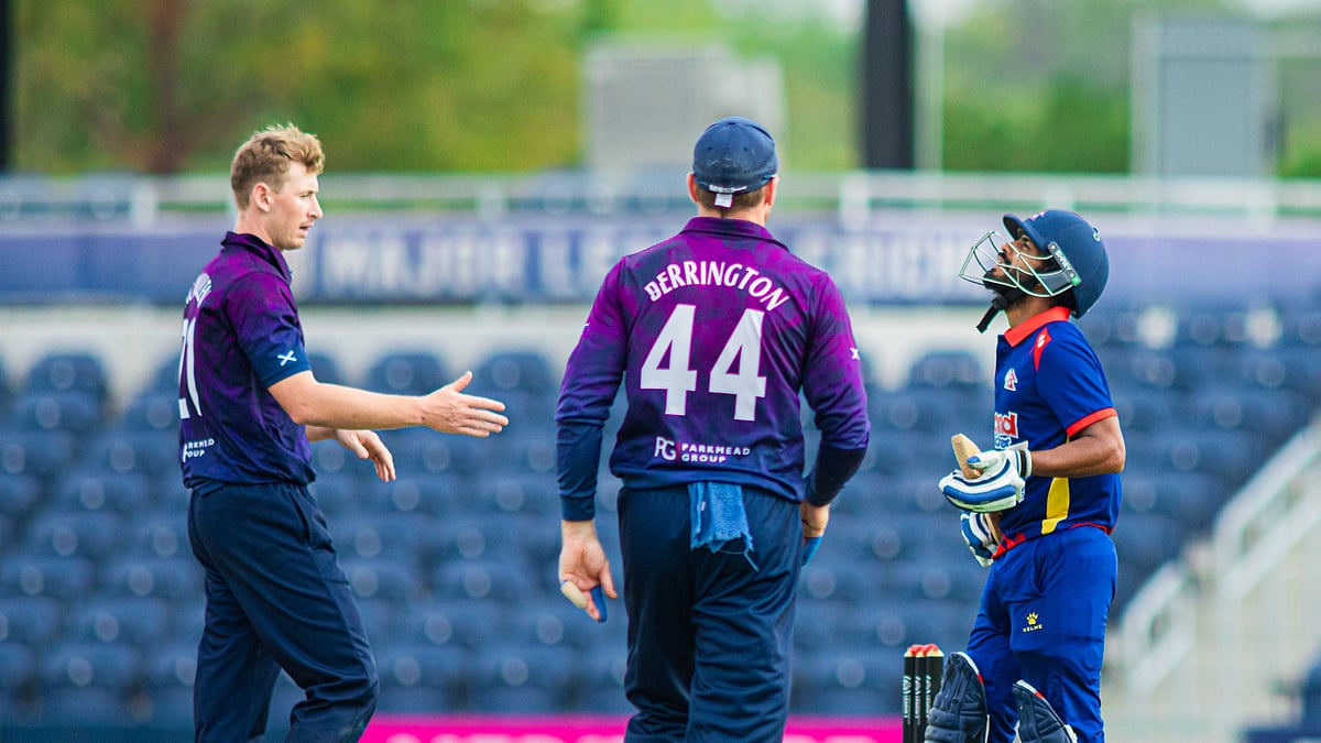 Photo: X | CAN : Nepal batter Aarif Shekh is batting against Scotland in Dallas, USA.
