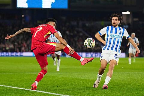 EFL Cup Quarter-Finals: Liverpool's Luis Diaz, left, and Brighton's Tariq Lamptey vie for the ball 