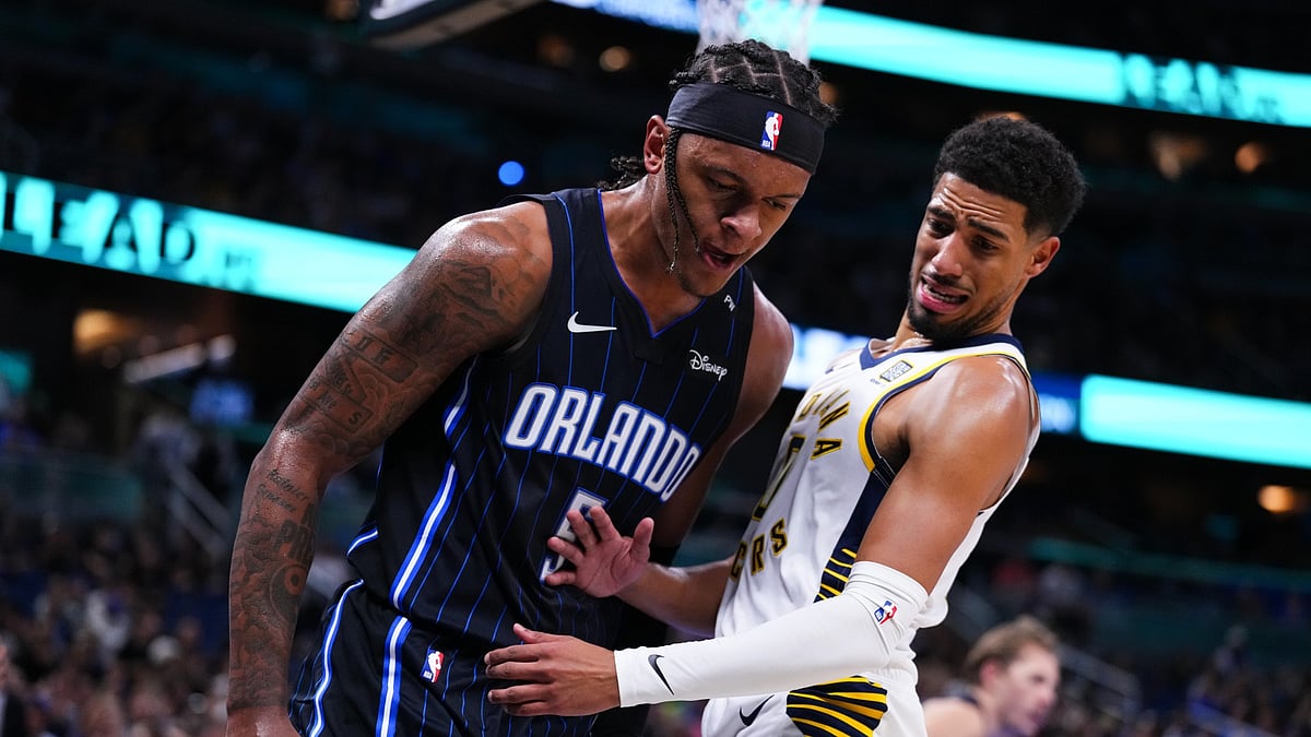 Paolo Banchero #5 of the Orlando Magic reacts after dunking the ball against Tyrese Haliburton #0 of the Indiana Pacers during the first quarter at Kia Center on October 28, 2024 in Orlando, Florida.