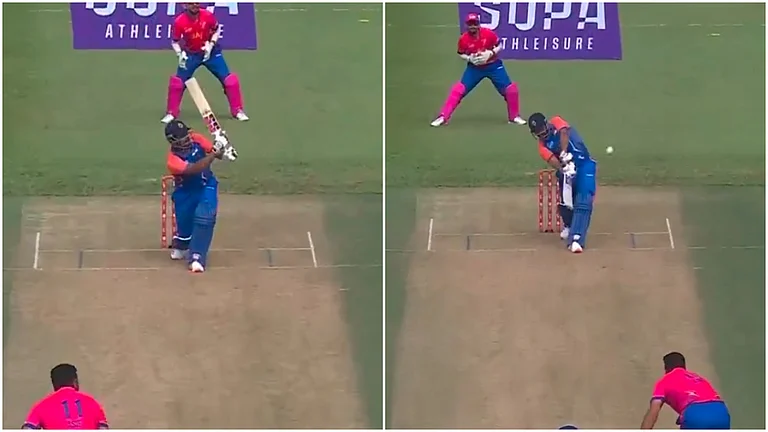 Stuart Binny hitting sixes in the Hong Kong sixes match between India and UAE. - X/FanCode