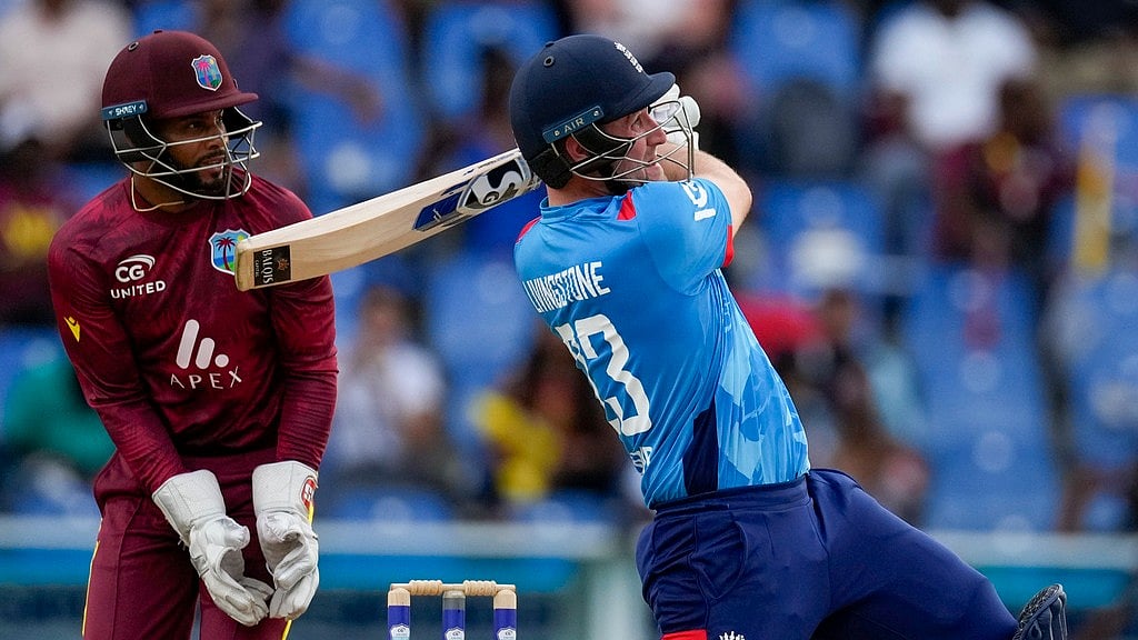 AP/Ricardo Mazalan : Liam Livingstone hits a big one during the second West Indies vs England ODI in Antigua. 