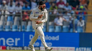 AP : Ajaz Patel celebrates the dismissal of India's Virat Kohli during the third day of the third cricket Test between India and New Zealand at Wankhede Stadium.