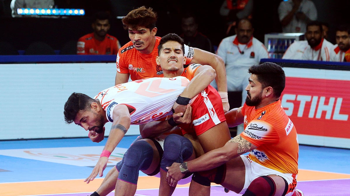 Special Arrangement : Action from the Pro Kabaddi League season 11 match between Puneri Paltan and Gujarat Giants.