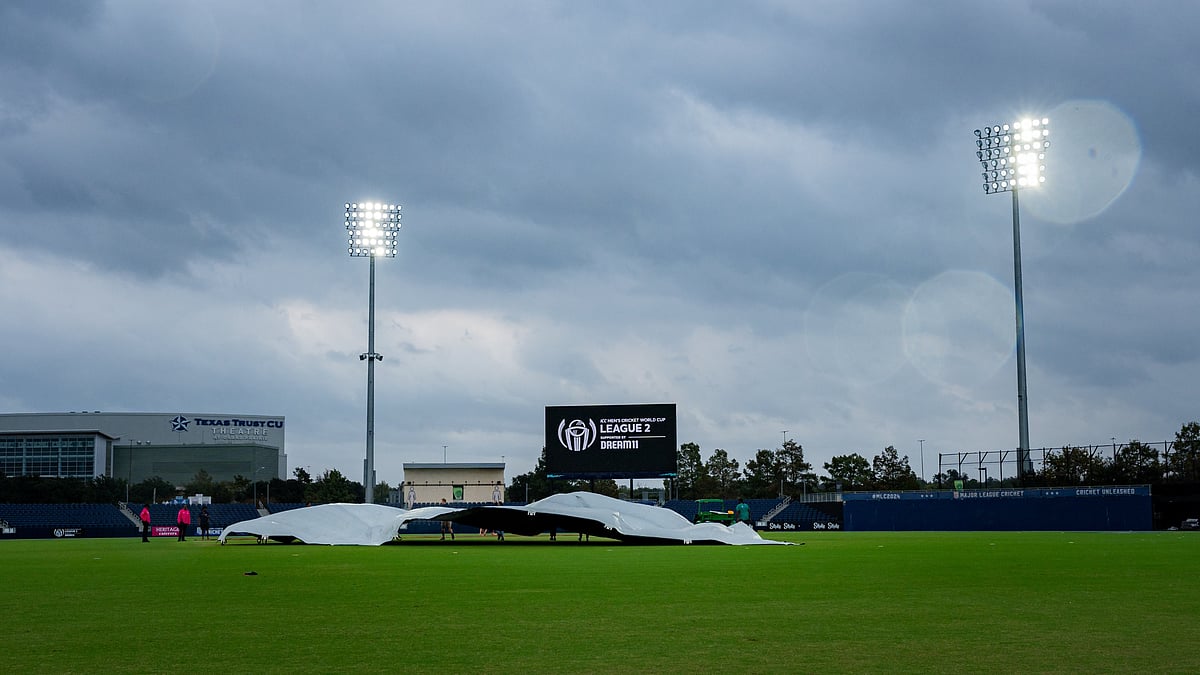 X/CricketNep : Covers being brought on during the Nepal vs Scotland, ICC Cricket World Cup League Two match in Dallas. 