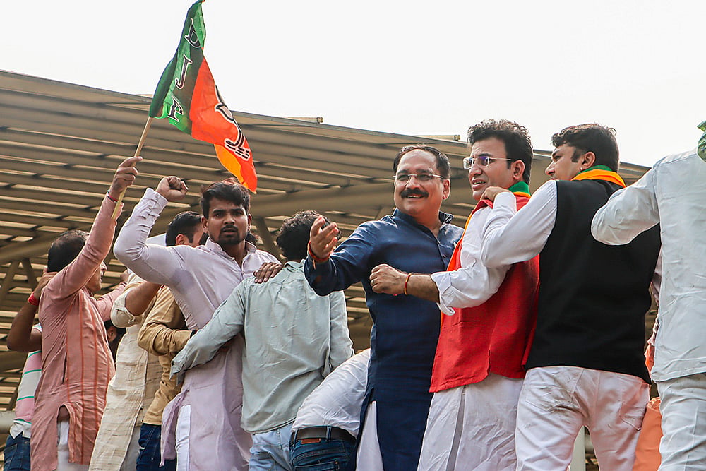 BJP protest demanding reinstatement of bus marshals in Delhi