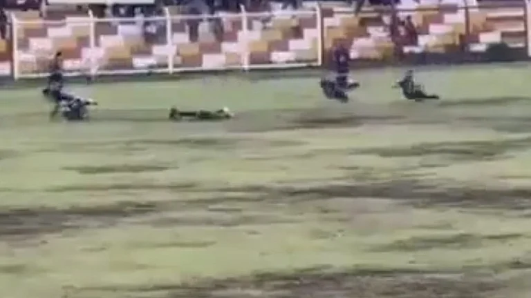 Screengrab from footage of when lightning struck in the local league match in Peru. - null