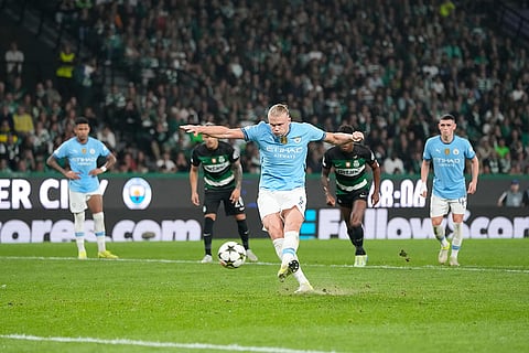 Champions League 2024-25: Manchester City's Erling Haaland shoots and misses a penalty kick