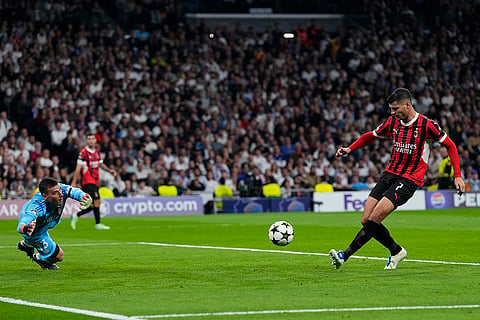 Champions League 2024-25: AC Milan's Alvaro Morata, right, scores his side's 2nd goal against Real Madrid