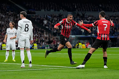 Champions League 2024-25: AC Milan's Malick Thiaw, center, celebrates after scoring the opening goal 