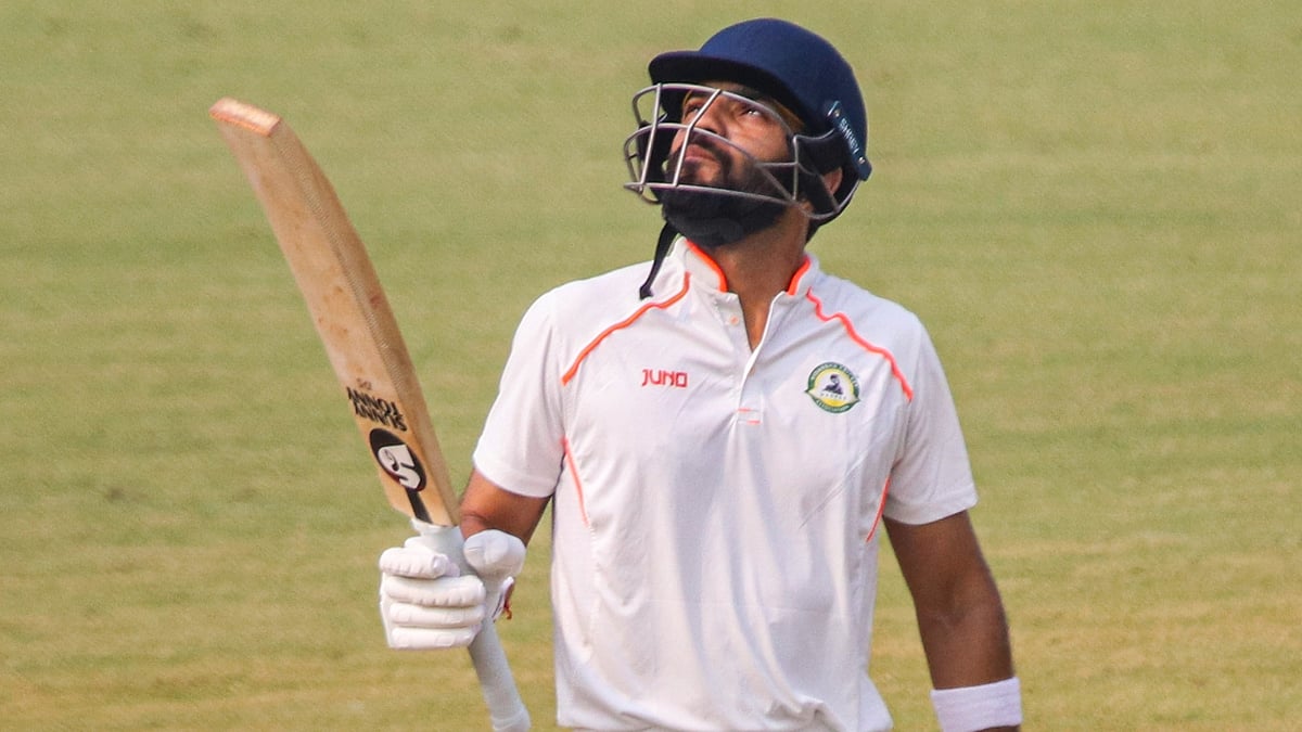 PTI : Dhruv Shorey celebrates his century during the second day of the Ranji Trophy match between Vidarbha and Himachal Pradesh in Nagpur.