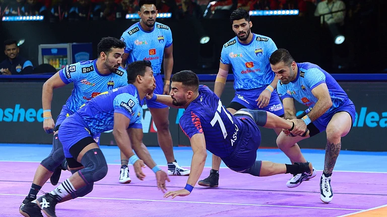 Action from the Pro Kabaddi League season 11 game between Dabang Delhi and Bengal Warriors in Hyderabad. - Special Arrangement