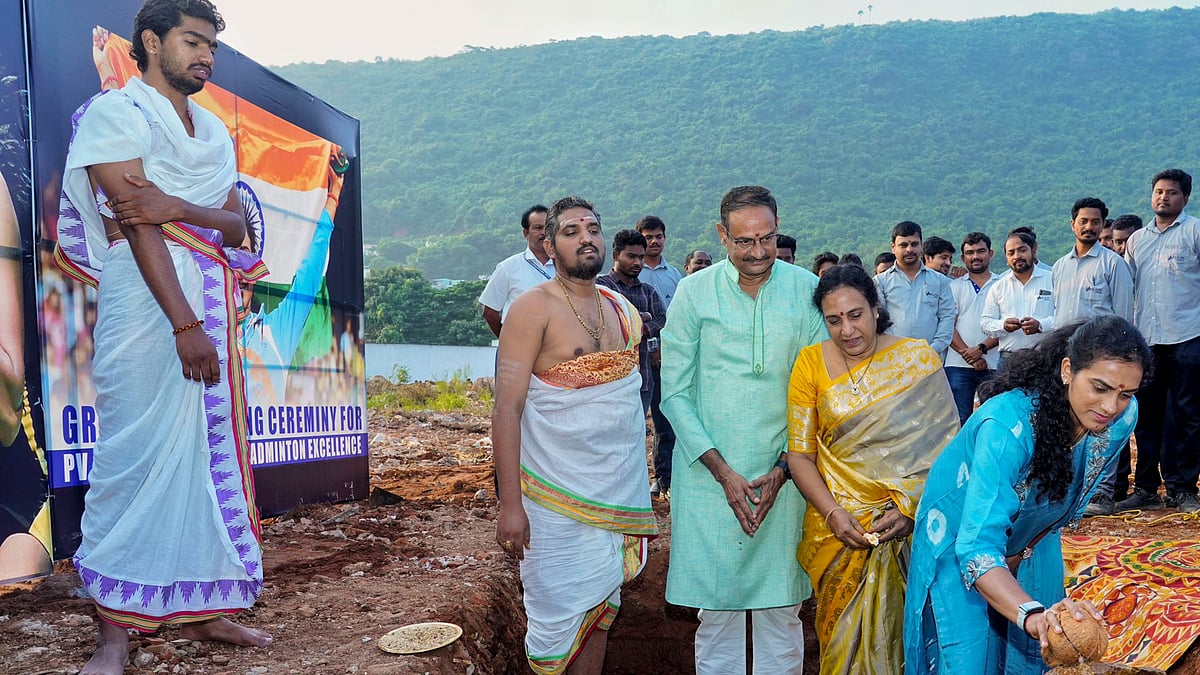 PV Sindhu (right) at the ground-breaking ceremony of the PV Sindhu Centre for Badminton and Sports Excellence in Visakhapatnam on Thursday (November 7, 2024). - PTI