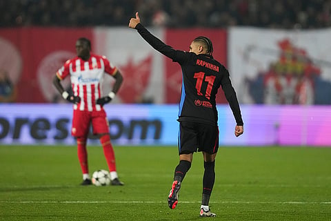 UEFA Champions League: Barcelona's Raphinha reacts after scoring a goal