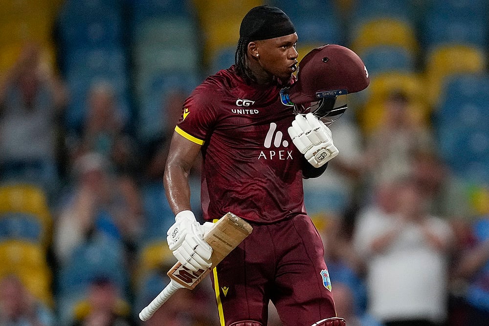 | Photo: AP/Ricardo Mazalan : WI Vs ENG, 3rd ODI: West Indies' Keacy Carty celebrates his century