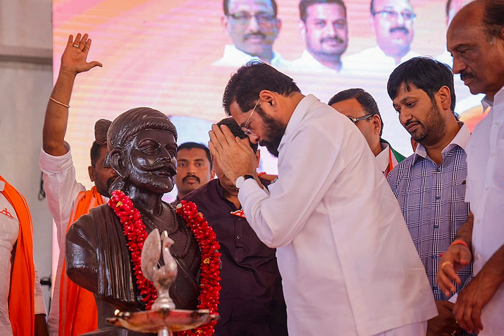 | Photo: PTI : Eknath Shinde during a public meeting in Akola district