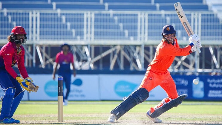 Photo: X | Cricket Netherlands : Netherlands cricket team player playing a shot against UAE.