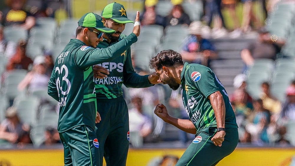 | Photo: AP/James Elsby : Australia vs Pakistan 2nd ODI: Pakistan's Haris Rauf, right, celebrates after the dismissal of Australia's Marnus Labuschagne