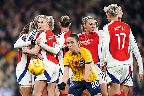 Women's Super League: Arsenal's team players celebrate after Alessia Russo scored their side's fifth goal 